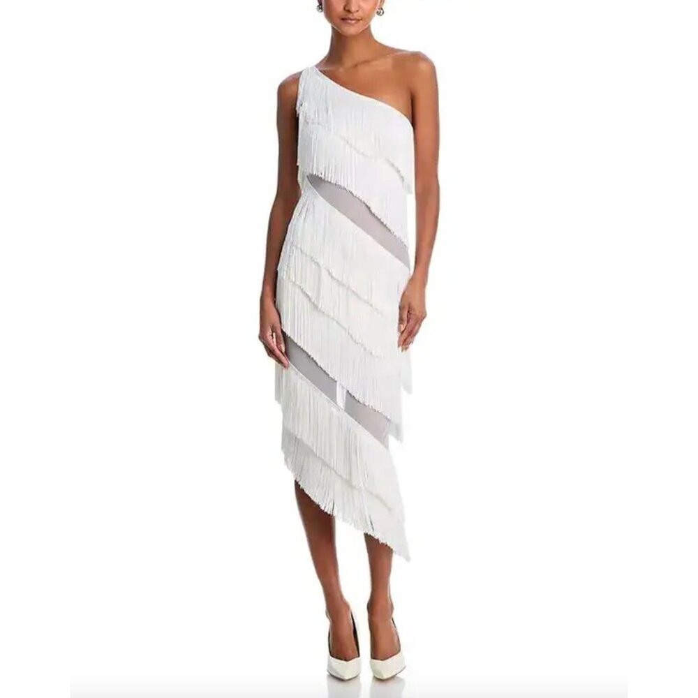 Norma Kamali Spliced One Shoulder Mid Calf Dress All Over Fringe Snow White Wome